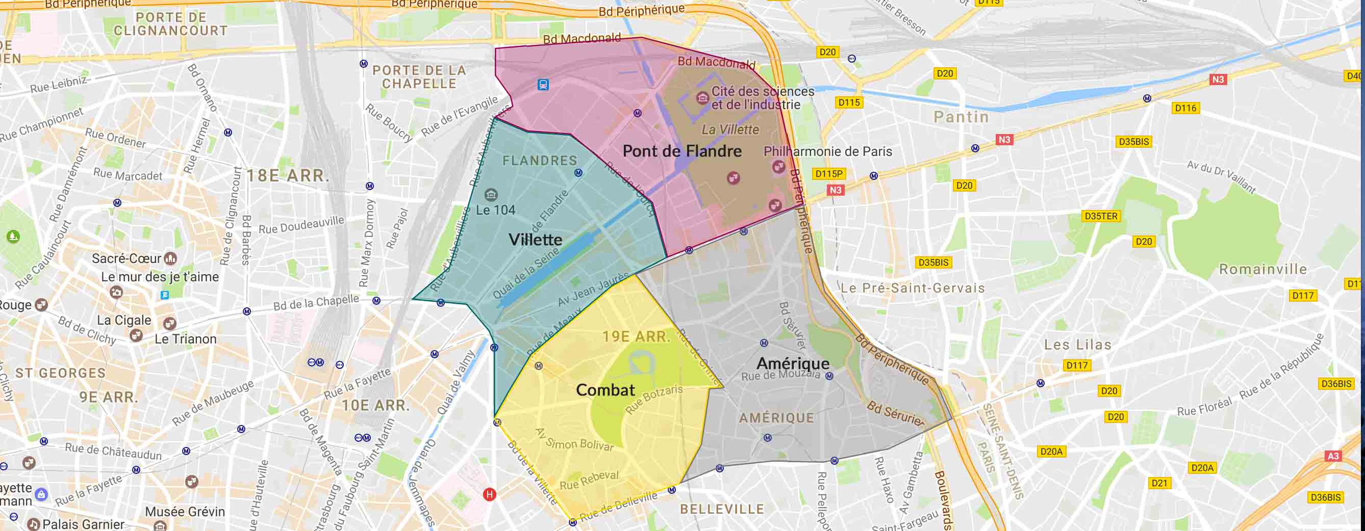 Plan des quartiers du 19e arrondissement Paris